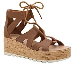 Sorel Cameron Flatform lace up gladiator platform wedge sandals 6 tan leather
